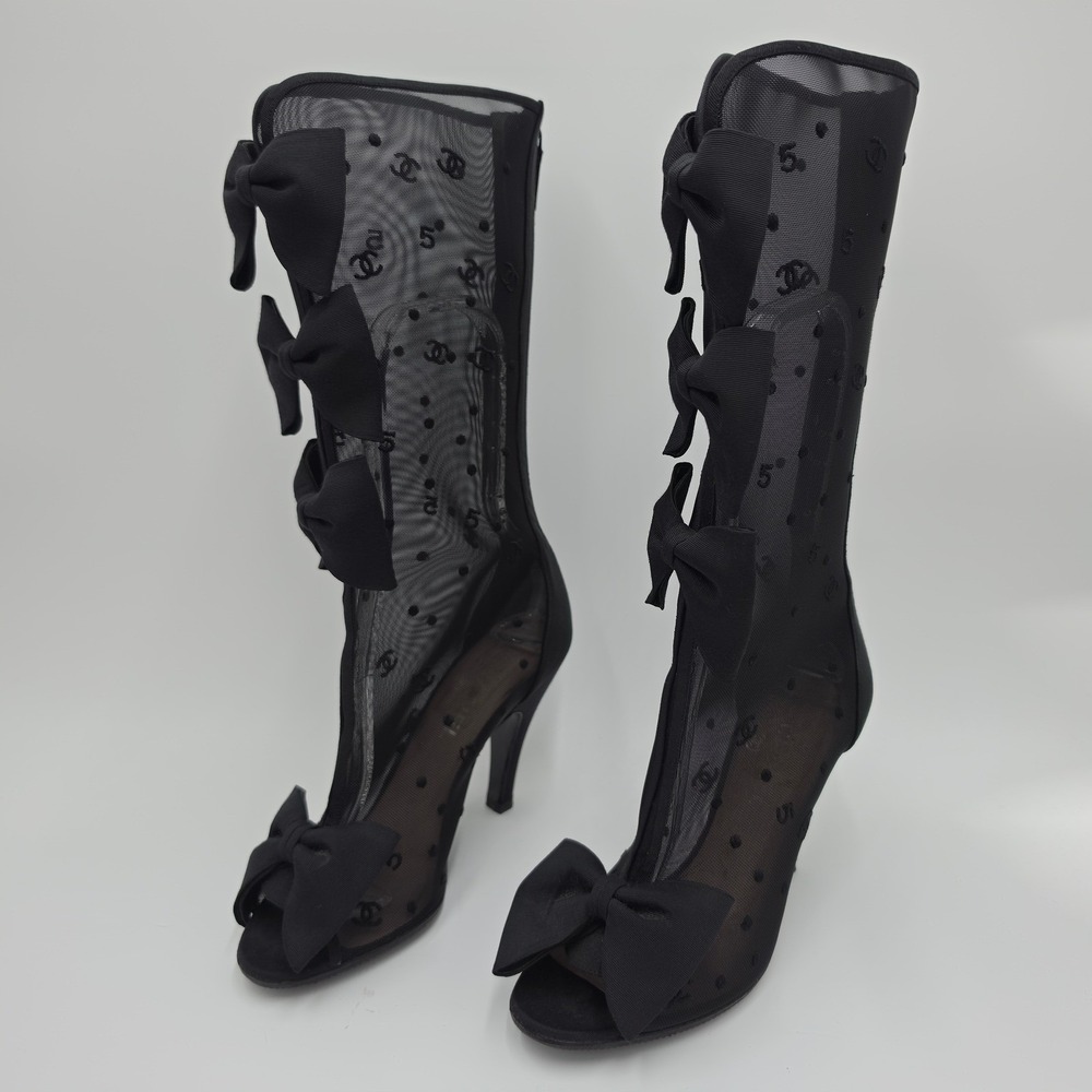 Chanel Black Mesh CC Logo Bow Peep Toe Mid Calf Stiletto Boots 36.5 C Italy